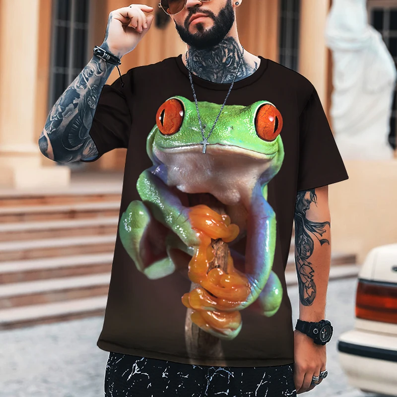 

2021 Summer New Style 100% Lycra Polyester T-shirt Men's Casual O-neck Shirt Green Frog Animal High-quality Men's T-shirt 5XL
