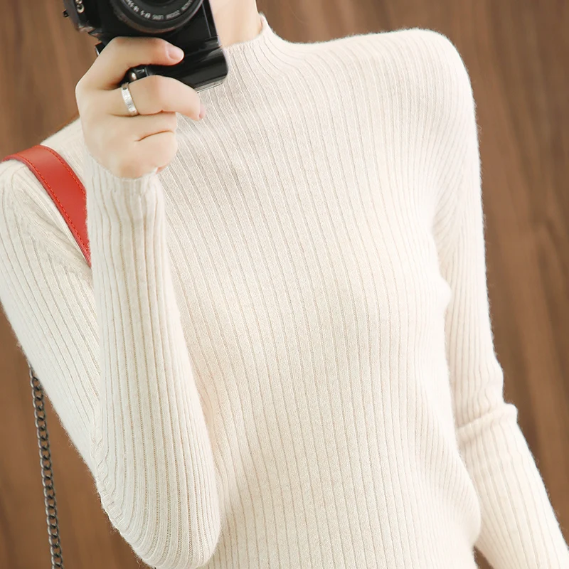 

Half high neck cashmere sweater women's Pullover solid color long sleeved sweater loose lazy woolen sweater knitted bottoming sh