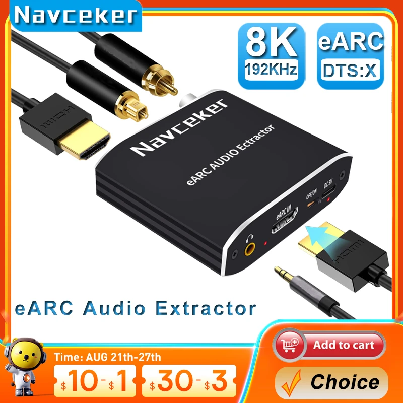 

Navceker 192KHz HDMI-compatible Audio eARC Extractor 7.1CH ATMOS eARC TV Projector HDMI ONLY Toslink Coaxial Converter Adapter