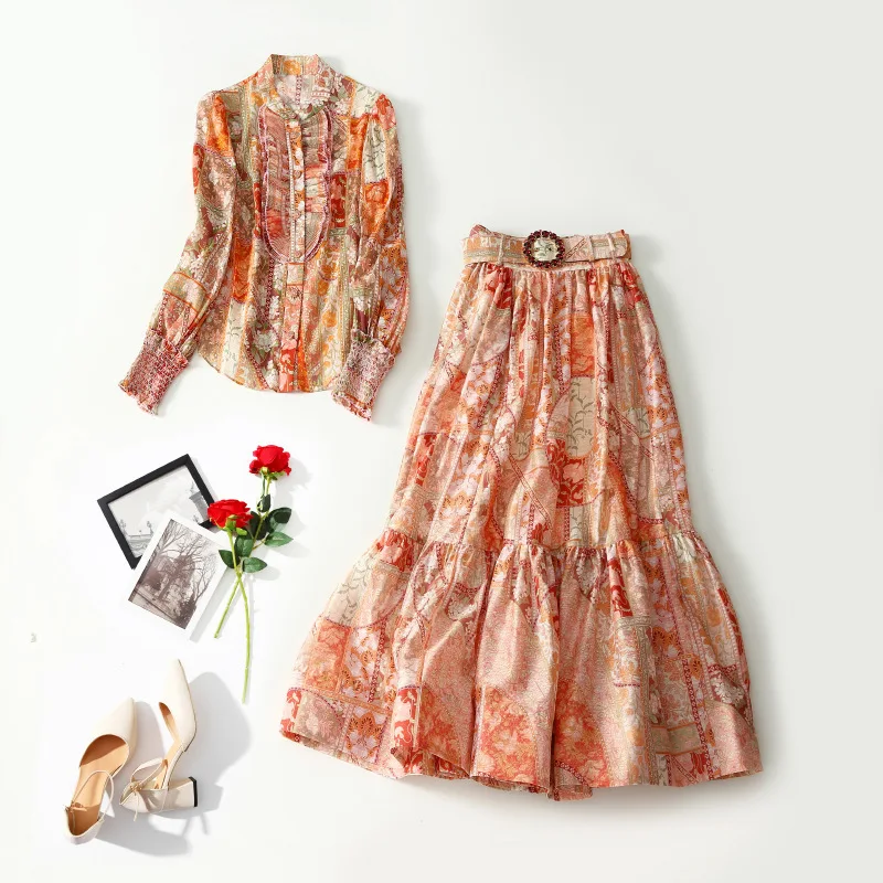 

Женский осенний комплект с юбкой, рубашка с длинным рукавом и воротником-стойкой и принтом рами 2022 и трапециевидная юбка с высокой талией, 100...