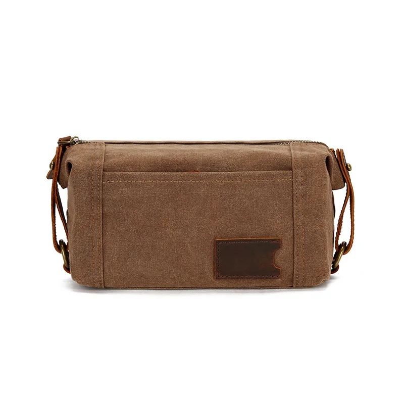Men's Cosmetic Bag Travel Bag Clutch Bag  Oil Wax Canvas Toiletry Bag Vintage Hand Bag Genuine Leather Wrist Bag