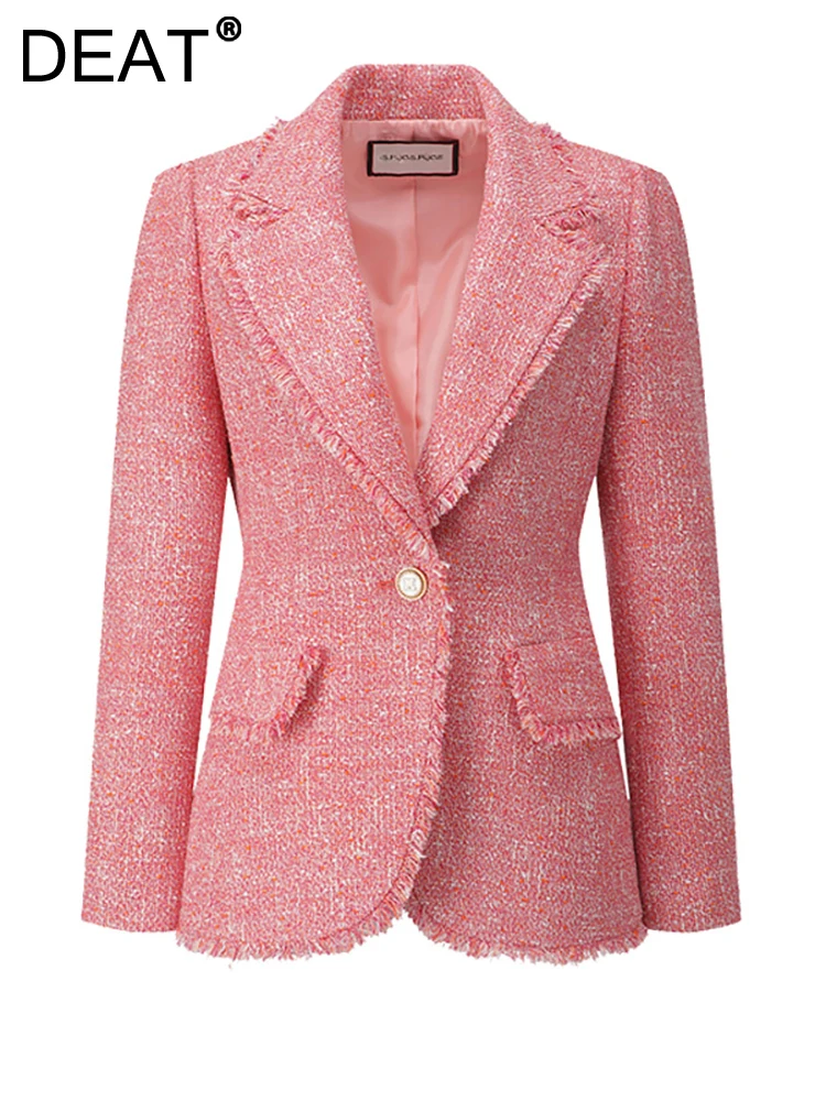 DEAT Fashion Women Tweed Blazer Notched Collar Single Button Fringed Long Sleeve Pink Waist Suit Jackets Spring 2023 New17A5797