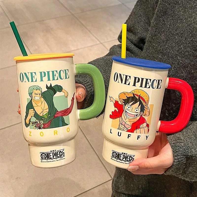 Фото Новая керамическая кружка One Piece с Луффи и Ророноа Зоро, с ярким мультяшным принтом, большой емкости, портативная, для пар, кофейная кружка, подарок №3
