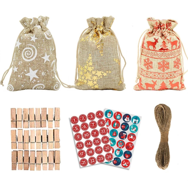 

Рождественский календарь, Подарочный пакет, набор из 24 упаковочных пакетов, 48 ярлыков, 24 зажима, веревка