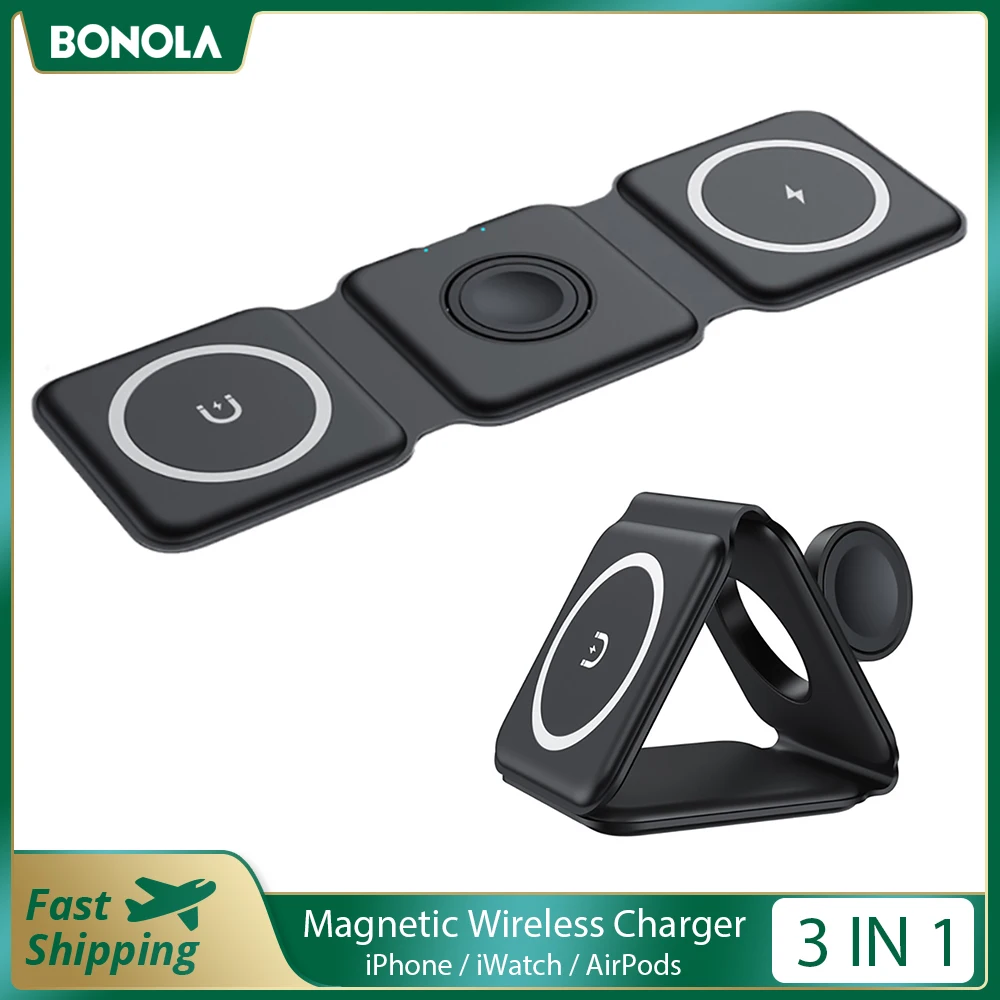 bonola 3 in 1 foldable magnetic wireless charger for iphone 13 11 12 pro max portable wireless charger for apple watchairpod 3 free global shipping