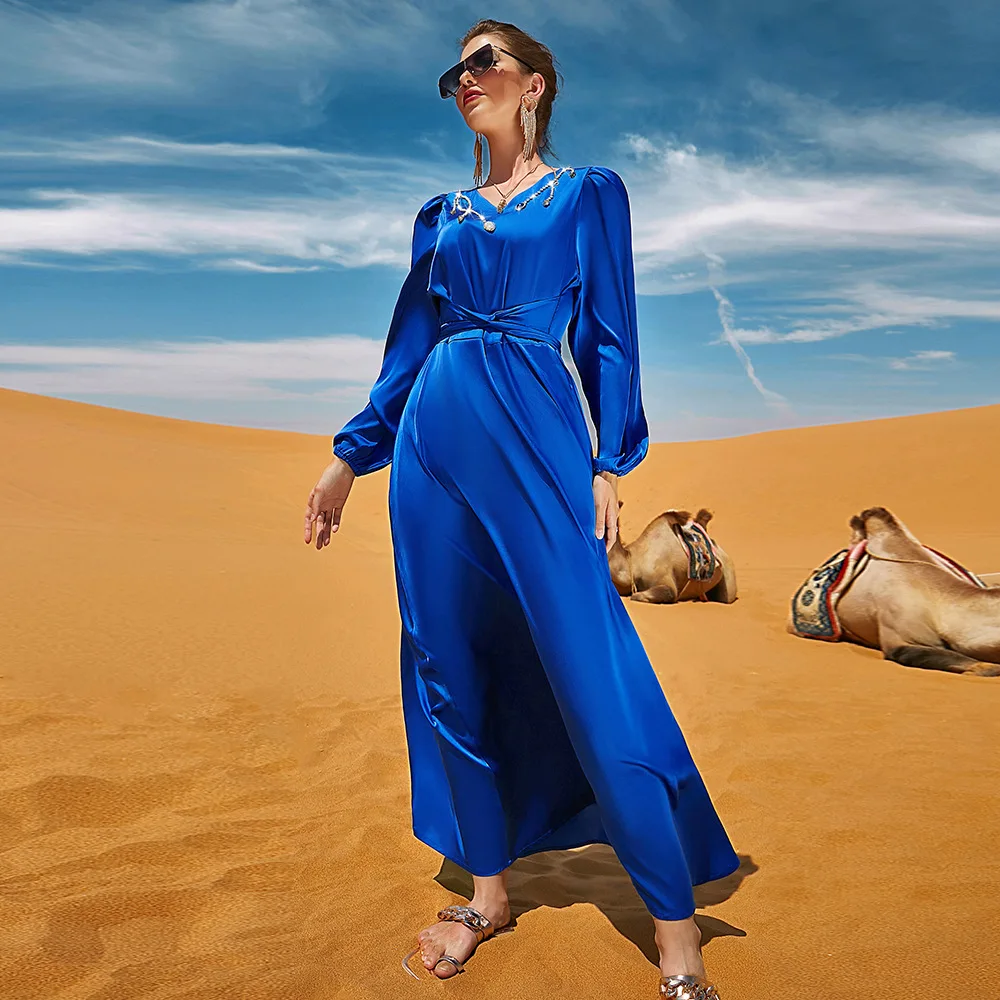 New Blue V-Neck Diamonds Dress Middle East Court Style Robes Long Sleeve Vestidos De Mujer Fashion Moroccan Kaftan