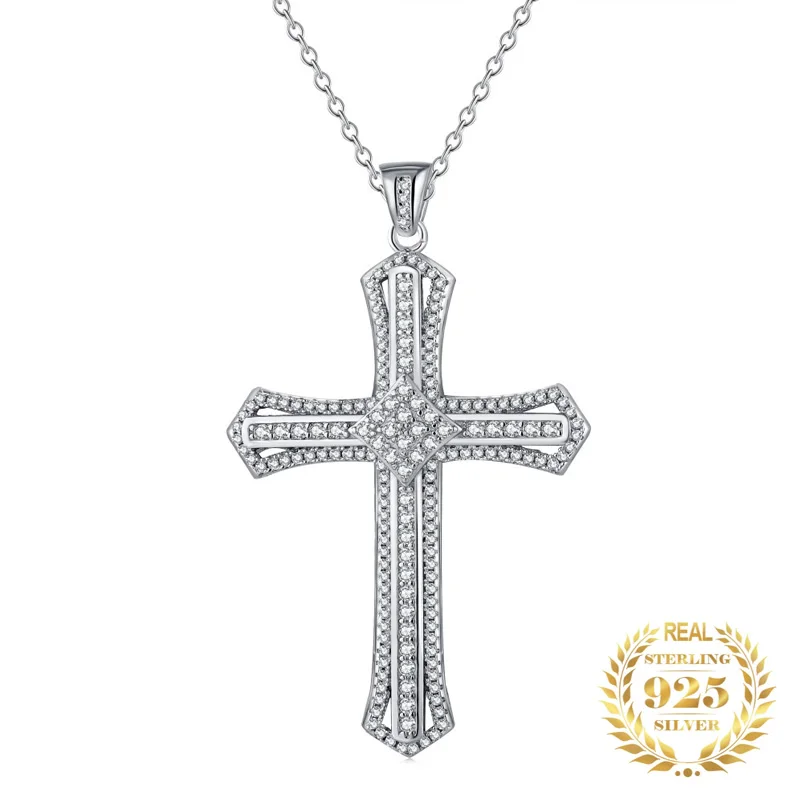 

Christ Fashion Sparkling 5A Zircon Cross Pendant Necklace Sterling Silver 925 Vintage Necklace Women Party Jewelry Gift