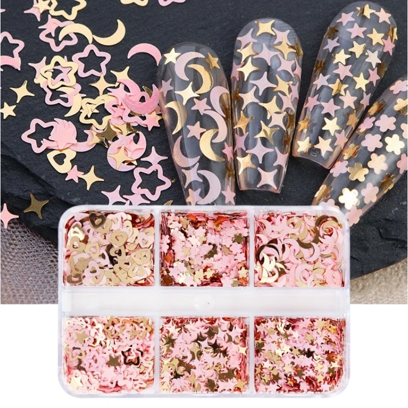 

3D Pink Gold Star Moon Nail Charms Supplies Nail Art Glitter Sequins Love Hearts Kawaii Accessories for Gel Manicure Decoration