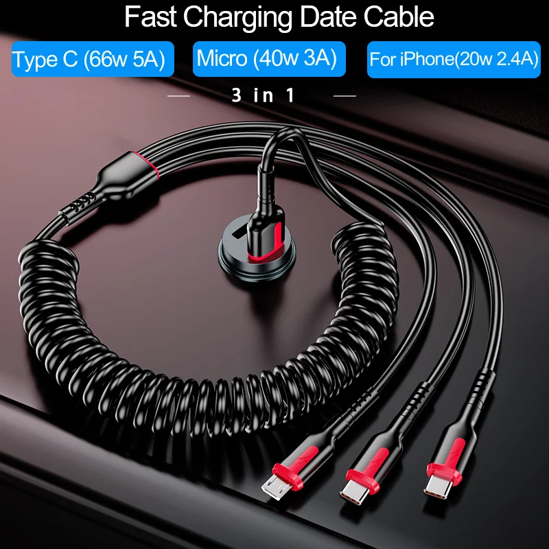 

66W 5A Fast Charging Type C Cable 3A Micro USB Spring Car USB Cable For Xiaomi Redmi Samsung Realme Phone Accessories For iPhone