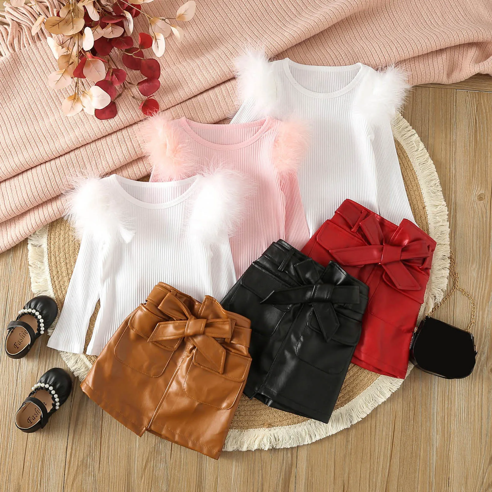 

Детская одежда, модный наряд для девочек, сезон весна-лето, однотонный топ из хлопка в рубчик с длинным рукавом и кожаная юбка, наряды, комплекты одежды из 2 предметов
