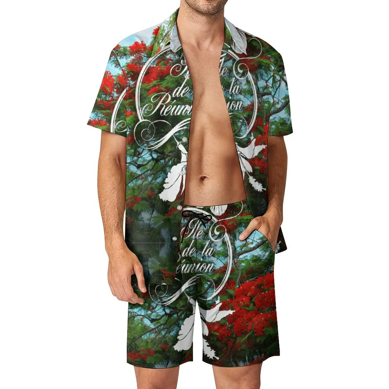 

974 Reunion Island Flamboyant & Hibiscus Men's Beach Suit 2 Pieces Pantdress High Quality Unique Swimming USA Size