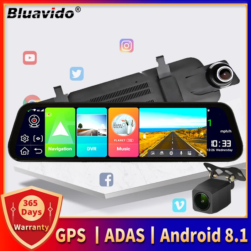 

Bluavido 10" Car Rear View Mirror DVR 4G ADAS Android 8.1 GPS Navigation FHD 1080P Auto Video Registrator Recorder WiFi Dash Cam