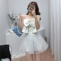 2022 summer new fashion womentwo piece set sexy patchwork bow vest square collar sleeveles tophigh waist all match mesh skirt