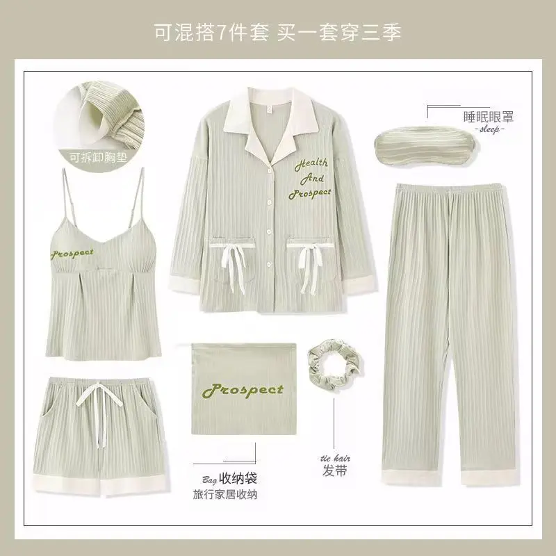 Pyjama 7 Pieces Women Spring Autumn Sleepwear Cotton Wear Home Clothes Sweet Casual Pajama Japan Cartoon Anime Print Mujer Lady