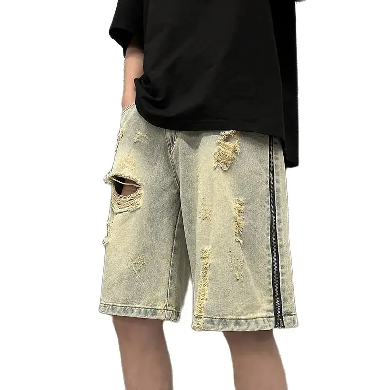 Men's Women's Denim Shorts Retro Ripped Shorts Super Large and Old Frayed Denim Five-point Pants 2023 New