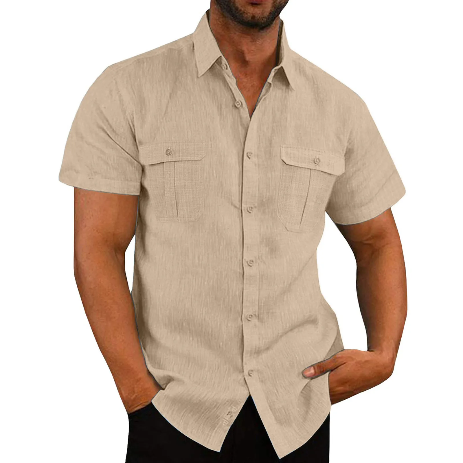 

Рубашка мужская с двумя карманами, повседневная сорочка из хлопка и льна, праздничная блузка с коротким рукавом, однотонная, лето