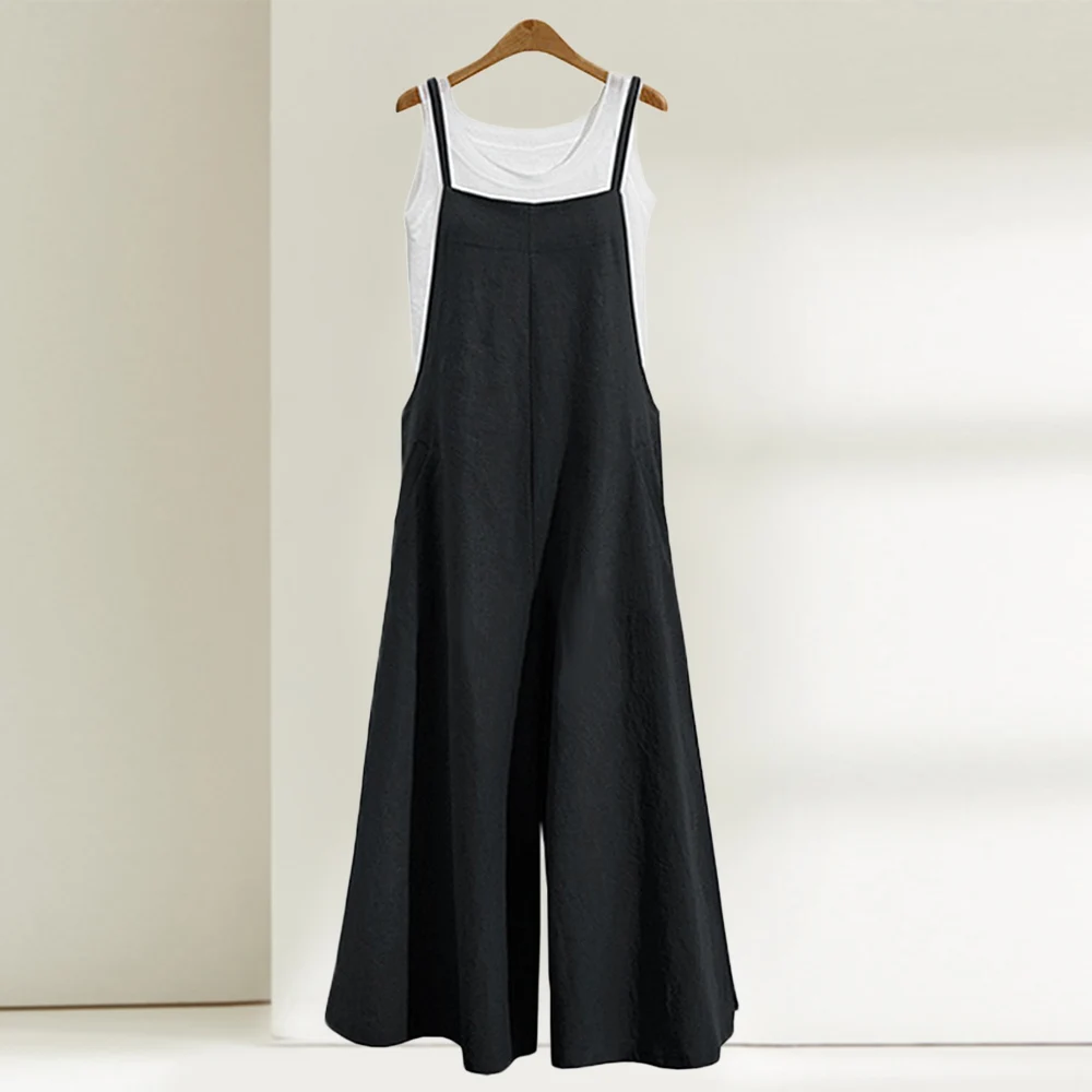 Casual Loose Jumpsuit Women Summer Solid Cotton Linen Straps Wide Leg Pants Dungaree Bib Overalls Sleeveless Oversized Rompers