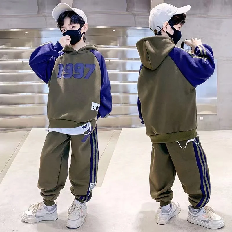 

2023 Autumn Children Tracksuit Hooded Green Hoodie Two-Piece Street Dance Sports Outfits For Boys Jogger Suits 6 8 10 12 14 Yrs