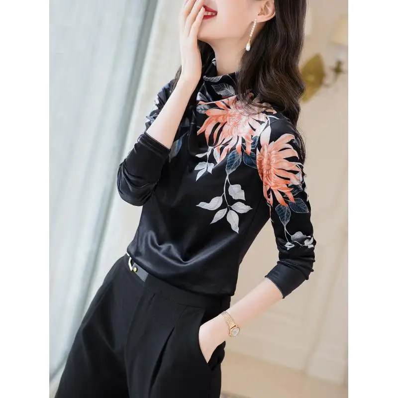 Autumn Winter Thick Female Elegant Fashion Slim Printed Tops Long Sleeve Vintage Half High Collar T-shirt Women's Clothing 2022