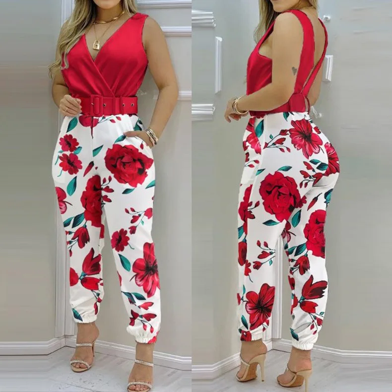 2022 Jumpsuits  Sexy V-neck Sleeveless Printed Jumpsuit Woman Jumpsuits Elegant New Fashion with Belt Vest Playsuit Streetwear