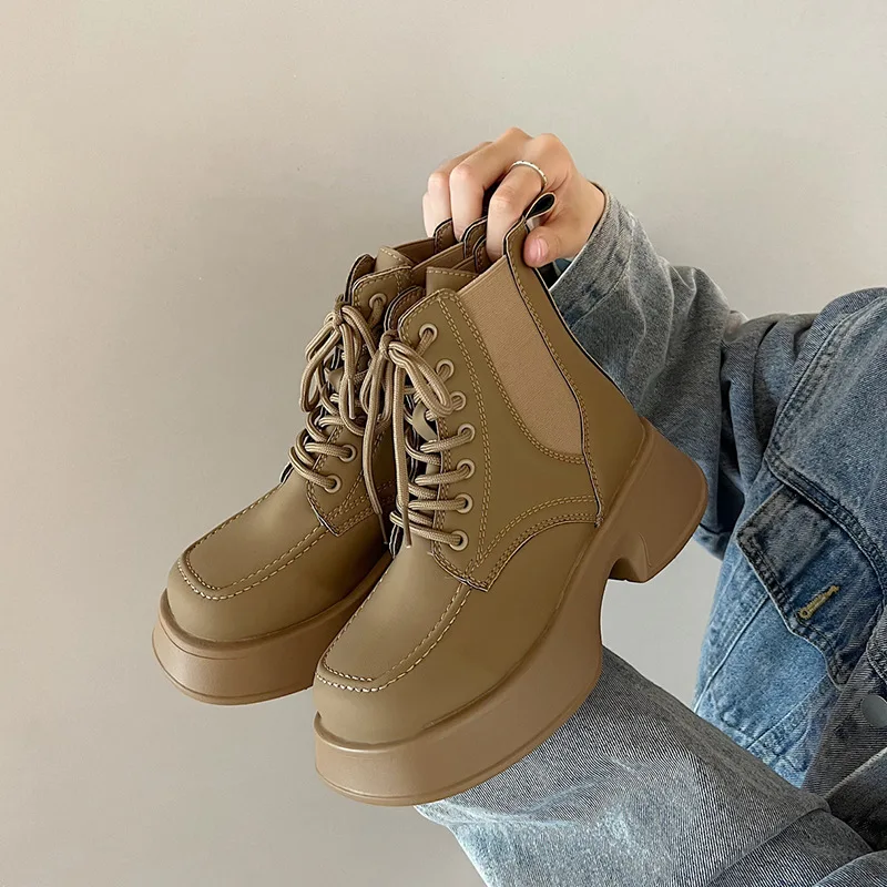 

Женские ботинки на плоской подошве, осенние ботинки с круглым носком, на шнуровке, 2022