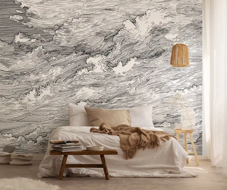

Drawn clouds retro wallpaper, removable wallpaper, self adhesive wallpaper, vintage wall decal, peel and stick wallpaper #20