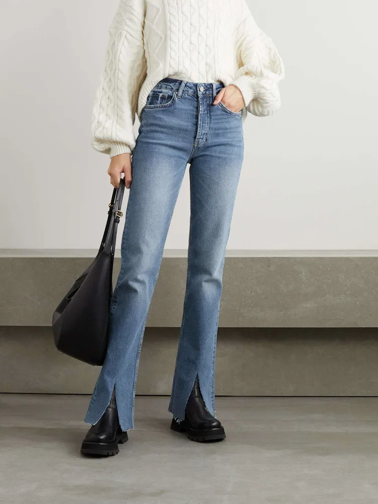 Women High Waist Slim Slit Jeans Early Autumn 2022 Zipper Fly Solid Color Female Denim Flared Long Pants