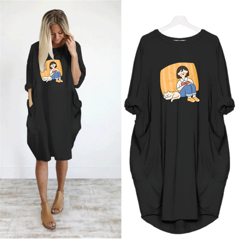 

Summer Women Dress Cartoon Print Long Sleeve O Neck Big Pocket Midi Dresses Summer Dress Women 2022 Vintage Loose Casual Clothes