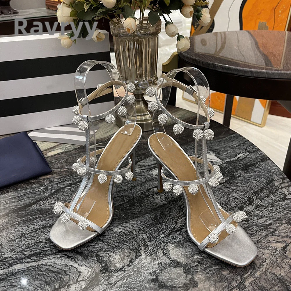2023 Summer New Rhinestone Ball Versatile Super High Heel Sandals Genuine Leather Slim Heel Sexy Open Toe Women's Daily Sandals
