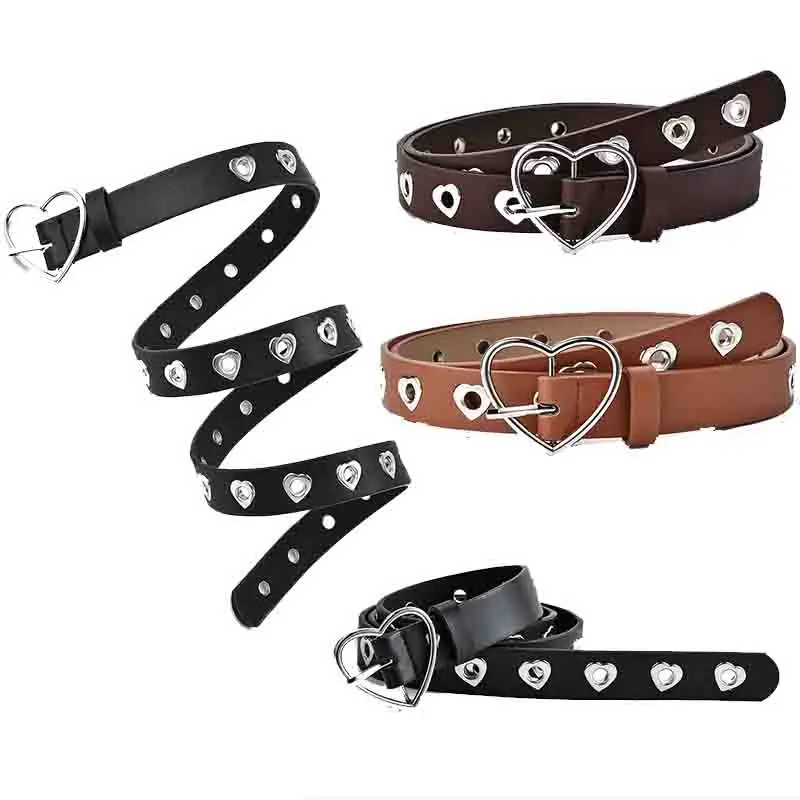

New creative love ladies belt punk style multi-row hollow buckle belt fashion all-match decorative jeans belt