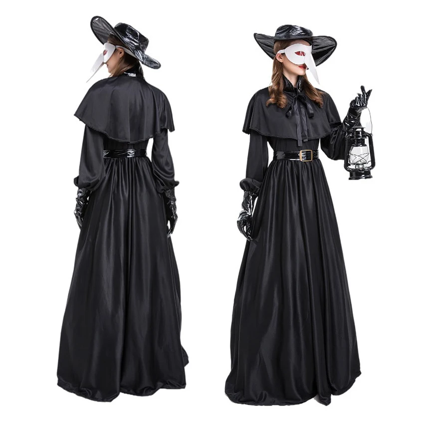 

Костюм Чумного доктора в стиле стимпанк на Хэллоуин для женщин, средневековое платье, одежда для взрослых, одежда, Готическая ведьма, косплей, священник, ужасная маска