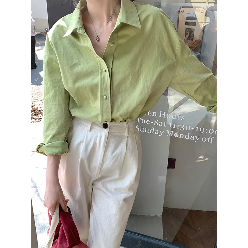 

2023 Korean Style Casual Women Spring Blouse Breasted Buttons Turn Down Collar Solid One Size Shirts
