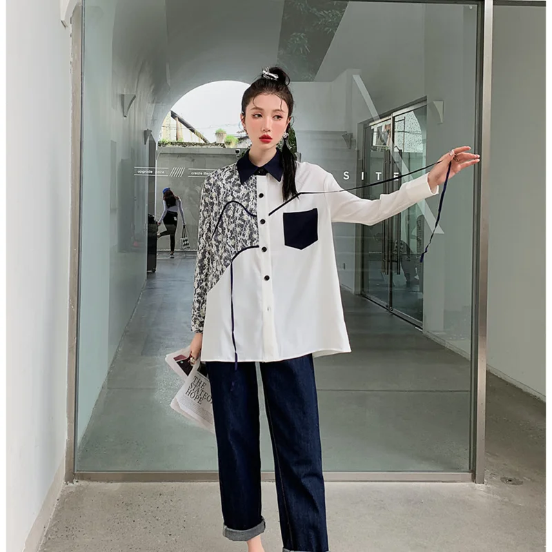 

Spring Women' Clothing Shirt Vintage Contrast Color Lace Print Patchwork Women's POLO Neck Long Sleeve Asymmetric Ribbon Blouse
