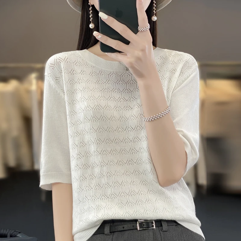

100% Cotton Woman's Tees Summer Thin Fashion Hollow T-Shirt Jumper Female Pullover Short Sleeve O-Neck Tops Cool Heathly Blouse