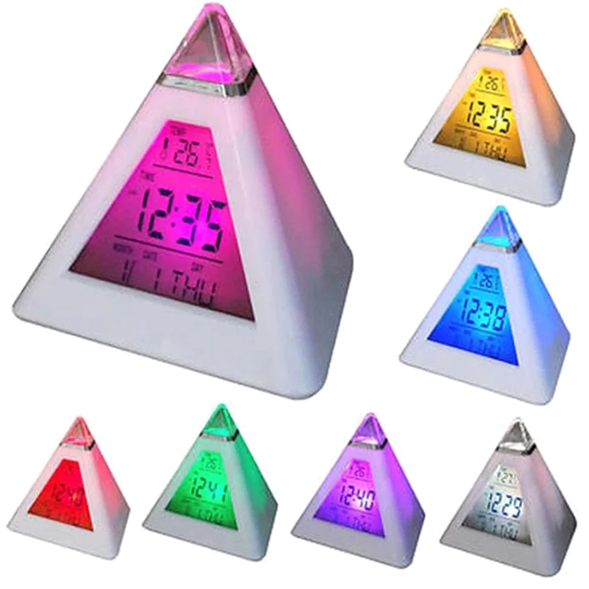 

LED Digital Alarm Clock Quiet Pyramid Alarm Clock Battery Powered Night Light Desk Clock with Music & Snooze Mode 7 Color