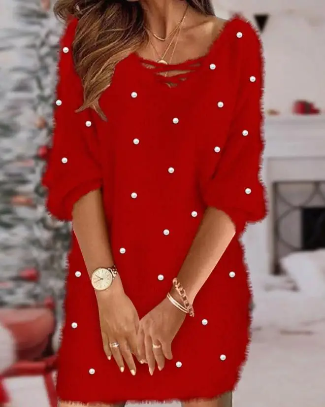 

Women's Dresses 2022 Autumn Fashion Beaded Decor V-Neck Plain Half Sleeve Fluffy Casual Daily Mini Straight Dress