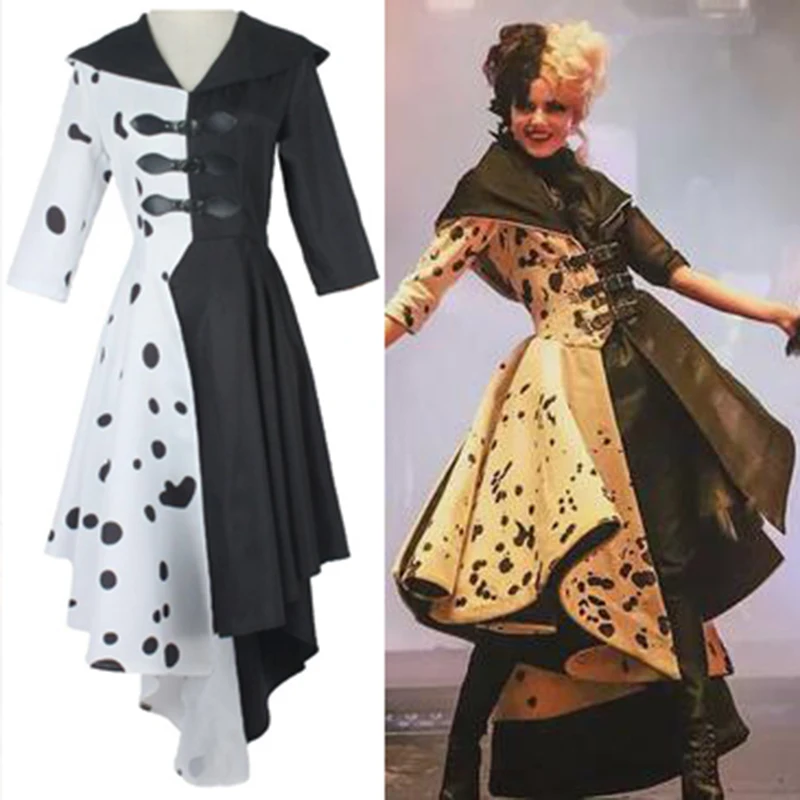

Cruella De Vil Cosplay Costume Women Gown Black White Maid Dress With Gloves Hoodie Skirt Wigs Outfits Halloween Party Cos Suits