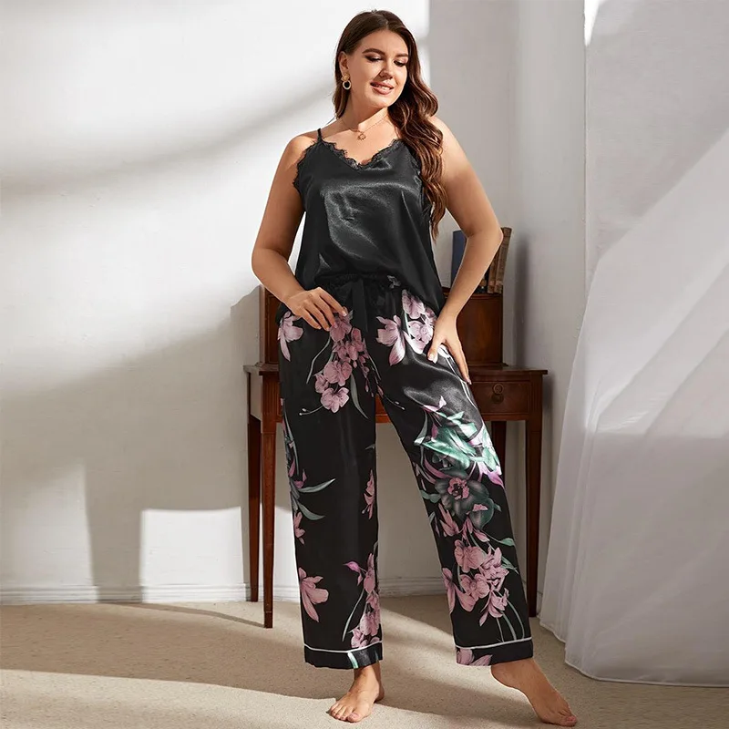 

Summer Sexy Black Lace Satin Sling Printed Pants Oversize 5XL Women Pajama Soft Comfortable Two-Piece Homewear Nightwear