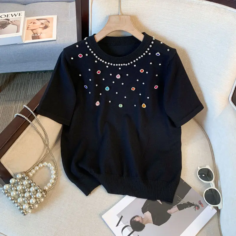 Женская одежда шикарные цветные футболки со стразами круглым вырезом и коротким