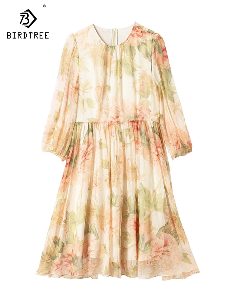 

Birdtree 100%Real Mulberry Silk Dresses Floral Printed Three Quarter Bohemian Knee Length Dress 2023 Spring Summer D36768QC