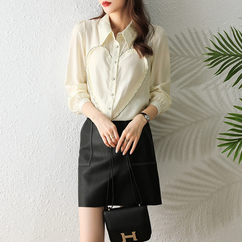 

Autumn New Women's Blouses Polo Shirt Long Sleeve Tops Stitching Solid Color Girl Chiffon Casual Fashion Lady Loose