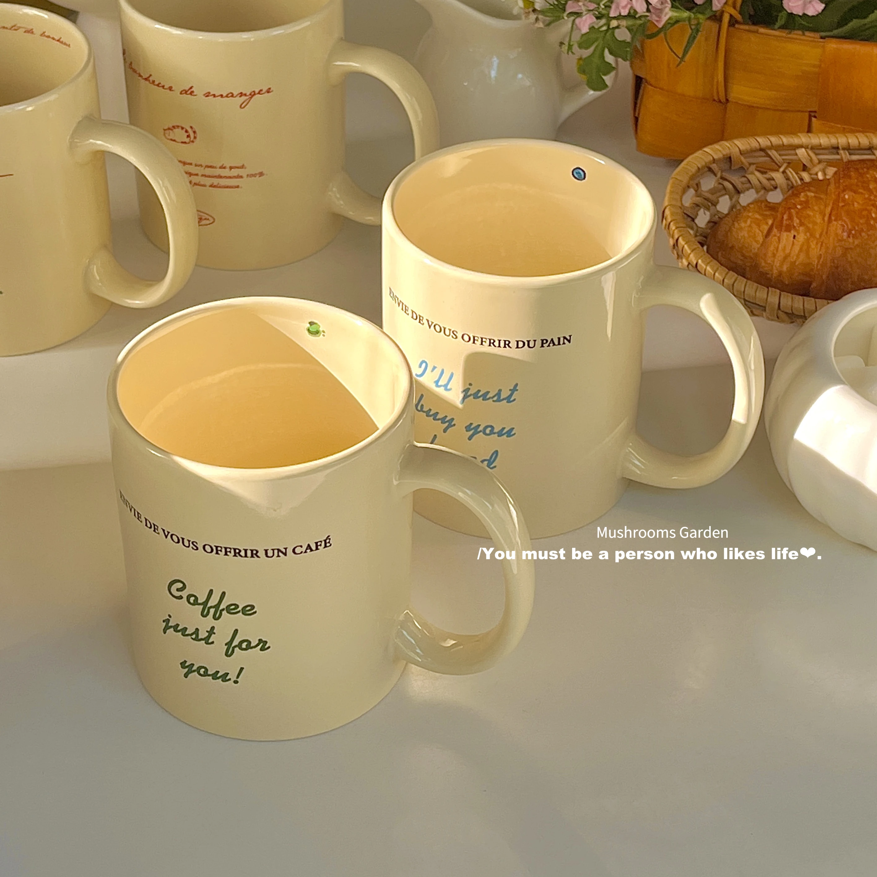

Mushrooms Garden Korean Style Simple and Niche French Letters Cream Mug Milk Coffee Cup Various Couple Ceramic Cups
