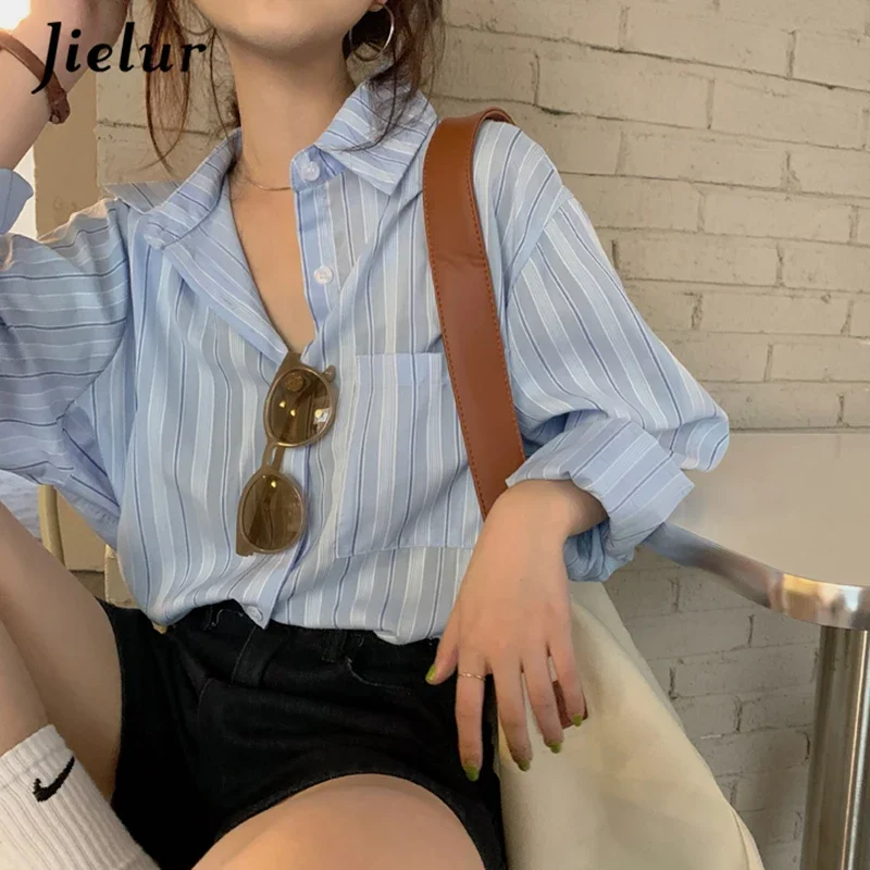 

Jielur High Street Blue Striped Shirt for Women Korean Fashion Cool BF Harajuku Blouse Loose Long Sleeve Autumn Top Female S-L