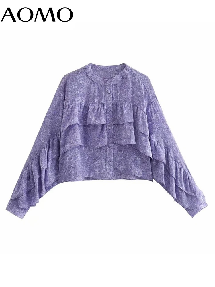 

AOMO Women Retro Flowers Print Ruffles Crop Shirt Long Sleeve 2022 Chic Female Short Blouse Shirt Tops 6P63A