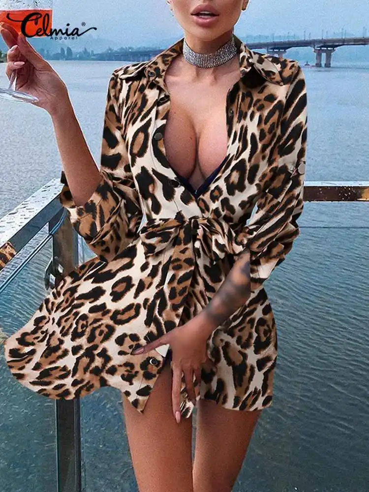

Модное женское мини-платье-рубашка с леопардовым принтом Celmia, элегантное Бандажное короткое платье с длинным рукавом и поясом, Повседневно...