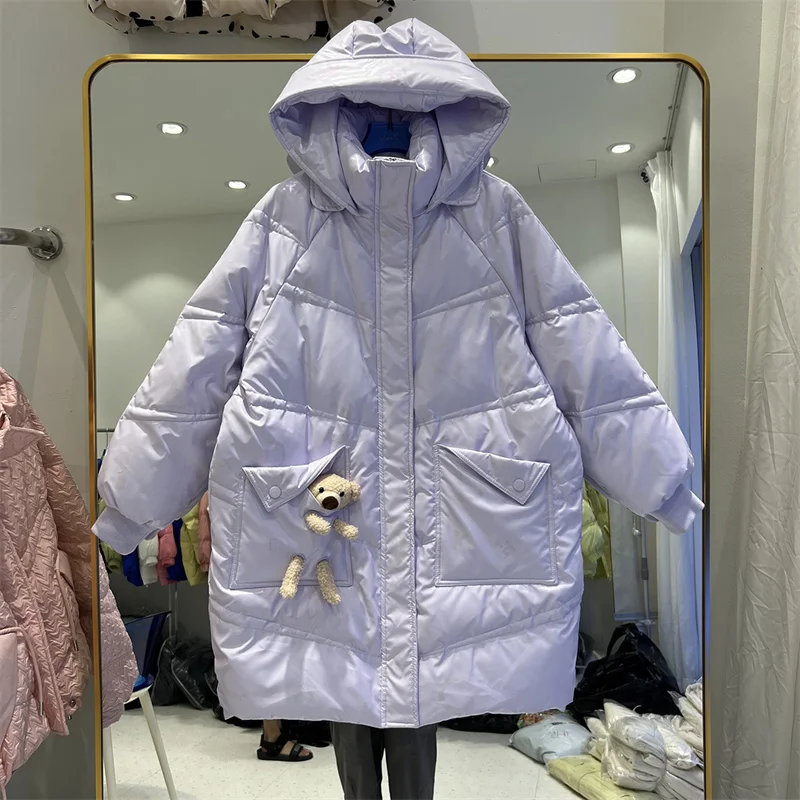 

Куртка-пуховик Женская средней длины с воротником-стойкой и капюшоном, Повседневная теплая парка на белом утином пуху с карманами и длинным...