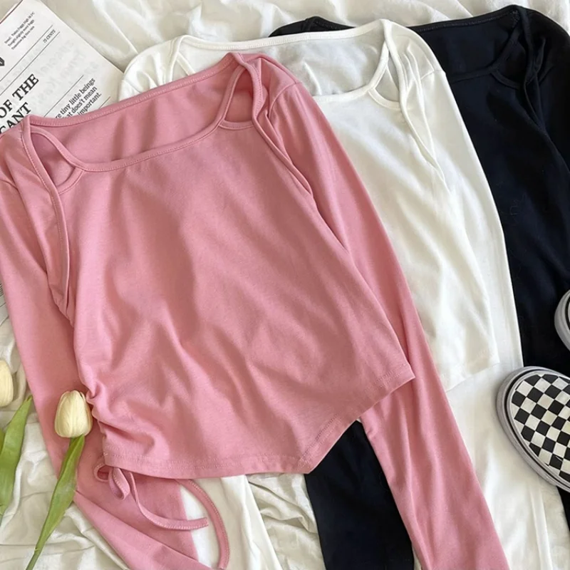 

Square Collar Clavicle-exposed Solid Color Long Sleeve Tees Irregular Drawstring Slim Tops Y2k Clothes Korean Fashion Tops