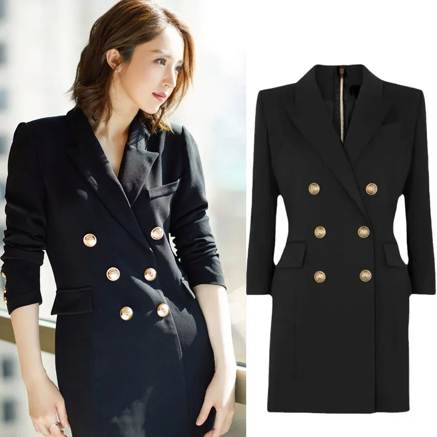 Осень 2024 новый элегантный черный костюм с длинными рукавами облегающий талию