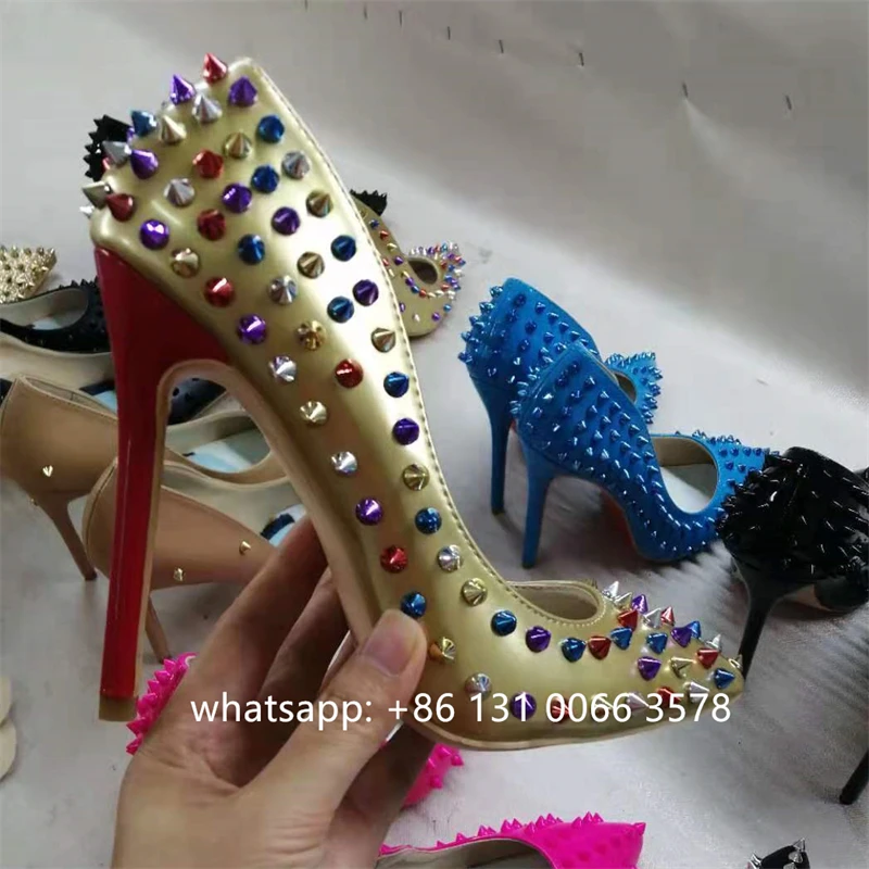 

Full Spikes Rivets Studded Blue Fashion Stiletto High Heels Scarpins Pumps Wedding Party Shoes Large Size 33-45 free shipping
