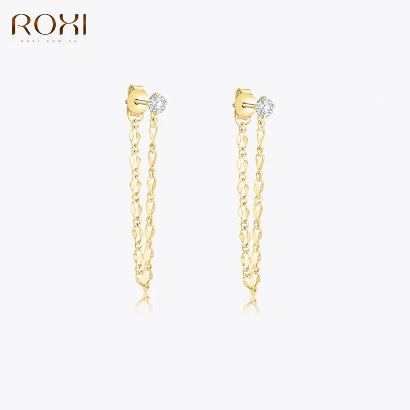

ROXI Punk 18K Gold Color Tassel Pendant Stud Earrings For Women 925 Sterling Silver 1Pair 5A Zircon Piercing Earrings Jewelry